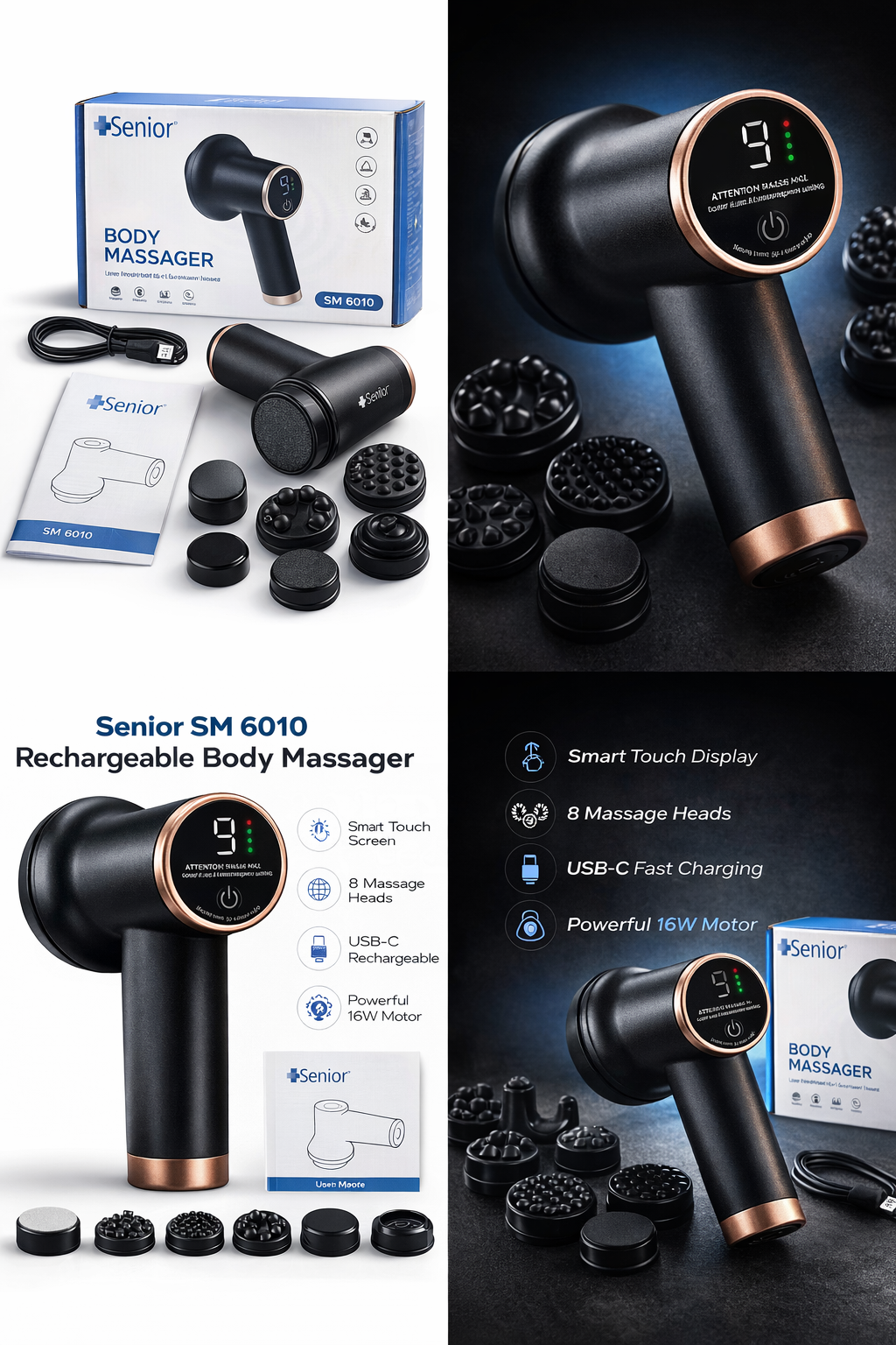 Senior SM 6010 Rechargeable Body Massager – 8 Head Deep Tissue Muscle Relaxation Device (Touch Screen, USB Charging)
