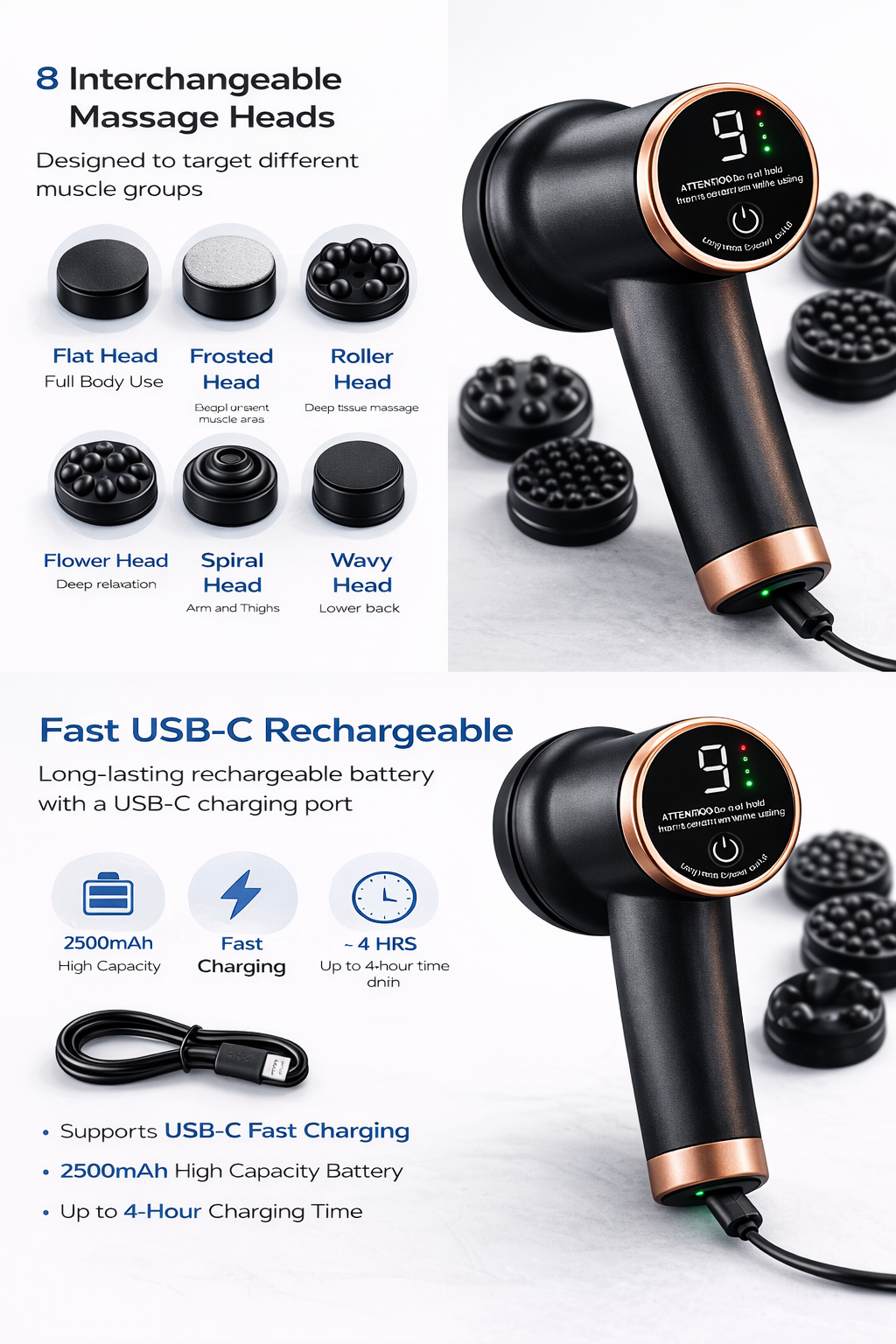 Senior SM 6010 Rechargeable Body Massager – 8 Head Deep Tissue Muscle Relaxation Device (Touch Screen, USB Charging)