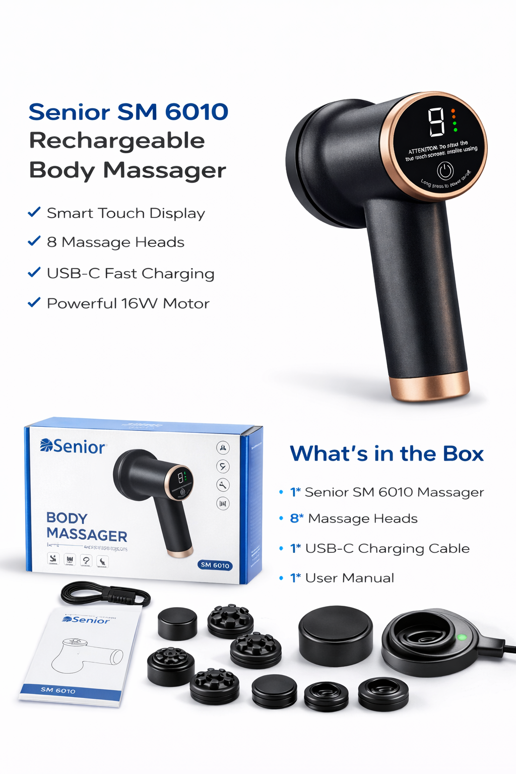Senior SM 6010 Rechargeable Body Massager – 8 Head Deep Tissue Muscle Relaxation Device (Touch Screen, USB Charging)