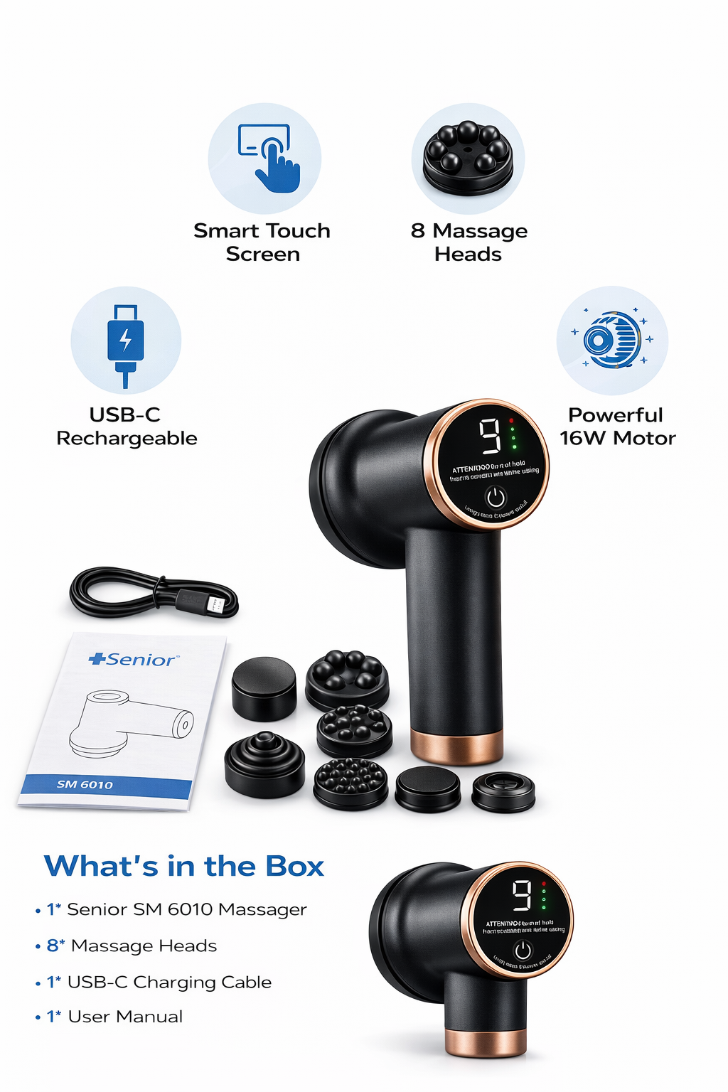 Senior SM 6010 Rechargeable Body Massager – 8 Head Deep Tissue Muscle Relaxation Device (Touch Screen, USB Charging)